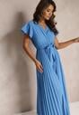 Rochie Maxi de Cocktail Albastră cu Pliuri Decolteu Triunghiular și Fundă în Talie Phoelia