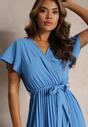 Rochie Maxi de Cocktail Albastră cu Pliuri Decolteu Triunghiular și Fundă în Talie Phoelia
