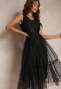 Czarna Taliowana Sukienka Midi z Ozdobną Siateczką Celerise