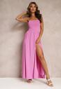 Różowa Rozkloszowana Sukienka Maxi na Cienkich Ramiączkach z Rozporkiem Weslyn