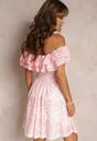 Różowa Haftowana Sukienka Mini z Hiszpańskim Dekoltem i Gumką w Talii Nissi