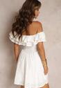 Biała Haftowana Sukienka Mini z Hiszpańskim Dekoltem i Gumką w Talii Nissi