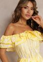 Żółta Haftowana Sukienka Mini z Hiszpańskim Dekoltem i Gumką w Talii Nissi