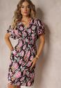 Rochie Neagră-Roz din Viscoză cu Flori Sdile