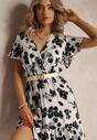 Rochie Albă Mini din Viscoză cu Flori și Decolteu Petrecut Irimette