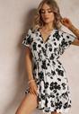 Rochie Albă Mini din Viscoză cu Flori și Decolteu Petrecut Irimette