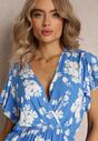 Rochie Albastră Mini din Viscoză cu Flori și Decolteu Tip Petrecere Irimette