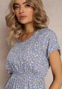 Rochie mini cloș albastră cu flori cu elastic în talie din viscoză Elineano