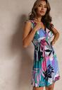 Rochie Mini Albastră Cloș cu Decolteu Înfășurat Aretodite