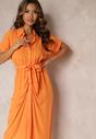 Pomarańczowa Wiskozowa Sukienka Midi w Koszulowym Stylu z Gumką w Talii Paislli