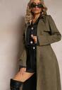 Palton Verde Inchis cu Curea din Material cu Nasturi și Buzunare Elemina