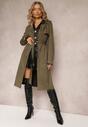Palton Verde Inchis cu Curea din Material cu Nasturi și Buzunare Elemina