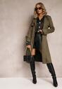 Palton Verde Inchis cu Curea din Material cu Nasturi și Buzunare Elemina