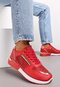 Czerwone Płaskie Sneakersy Sznurowane z Brokatowymi Wstawkami Raflia