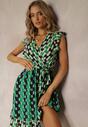 Rochie Midi Verde Cloș cu Model Geometric și Volane Airon