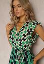 Rochie Midi Verde Cloș cu Model Geometric și Volane Airon