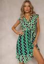 Rochie Midi Verde Cloș cu Model Geometric și Volane Airon