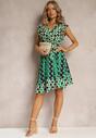 Rochie Midi Verde Cloș cu Model Geometric și Volane Airon