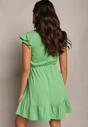 Zielona Sukienka o Rozkloszowanym Fasonie z Bawełny Ozdobiona Falbankami Kadan
