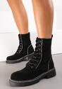 Czarne Sznurowane Botki Workery z Cyrkoniami na Płaskiej Podeszwie Laylyn