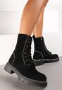 Czarne Sznurowane Botki Workery z Cyrkoniami na Płaskiej Podeszwie Laylyn