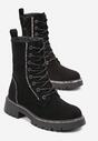 Czarne Sznurowane Botki Workery z Cyrkoniami na Płaskiej Podeszwie Laylyn