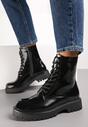 Botine Negre din Piele Ecologică Lacuită cu Șiret Talpă Plată și Protector Huke