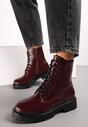 Bordowe Sznurowane Botki z Lakierowanej Ekoskóry na Płaskiej Podeszwie z Protektorem Huke