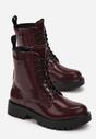 Bordowe Sznurowane Botki z Lakierowanej Ekoskóry na Płaskiej Podeszwie z Protektorem Huke