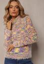 Pulover Violet-Galben din Lână cu Guler Înalt din Tricot Puțin Texturat