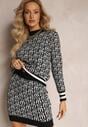 Czarno-Biały Dzianinowy Komplet 2-Częściowy Sweter z Półgolfem i Mini Spódnica z Gumką w Pasie Michellenes