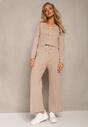 Set bej trei piese cu top scurt cardigan cu legare și pantaloni lungi cu imprimeu nisip