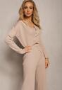 Set bej trei piese cu top scurt cardigan cu legare și pantaloni lungi cu imprimeu nisip