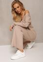 Set bej trei piese cu top scurt cardigan cu legare și pantaloni lungi cu imprimeu nisip