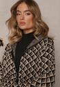 Bej Închis Cardigan cu Fermoar și Buzunare cu Model Geometric Jaquelineme