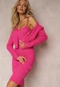 Set din Tricot Fucsia cu 2 Piese Pulover cu Nasturi și Rochie Midi Liomina