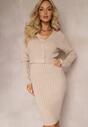Bej Set 2 Piese Tricot Pulover cu Nasturi și Rochie Midi Liomina