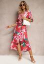 Fuksjowa Sukienka Maxi z Wiskozy w Kwiatowy Print o Koszulowym Fasonie z Paskiem Carolles