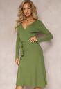 Zielona Rozkloszowana Sukienka Sweterkowa z Kopertowym Dekoltem Fiorrtte