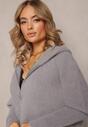Szary Długi Kardigan Zapinany na Zamek Błyskawiczny z Kieszeniami i Kapturem Fingolia