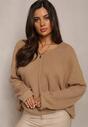 Beżowy Sweter z Szerokim Rękawem i Metaliczną Nitką Annibes