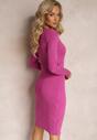 Różowa Dopasowana Sukienka z Prążkowanej Dzianiny i Rozcięciem Janintta