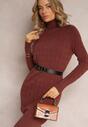 Rochie midi maro din tricot tip pulover cu guler la baza gâtului și șnururi Antonime