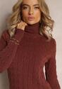 Rochie midi maro din tricot tip pulover cu guler la baza gâtului și șnururi Antonime