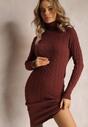Rochie midi maro din tricot tip pulover cu guler la baza gâtului și șnururi Antonime