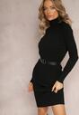 Rochie Neagră Midi din Tricot cu Guler Înalt și Mâneci cu Manșete Antonime