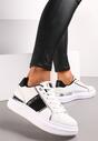 Sneakerși Alb-Negru cu Șireturi pe Talpă Groasă Plată cu Inserții Metalice și Zirconiu Shiorina