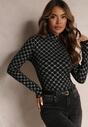 Czarna Bluzka Bawełniana Longsleeve w Geometryczny Wzór z Półgolfem Isilvara