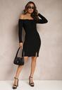 Czarna Dopasowana Sukienka Mini z Prążkowanego Materiału z Wiązaniem na Dekolcie Hitboa