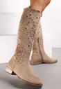 Cizme Bej Decorate cu Broderie Boho cu Brant din Piele Solimva